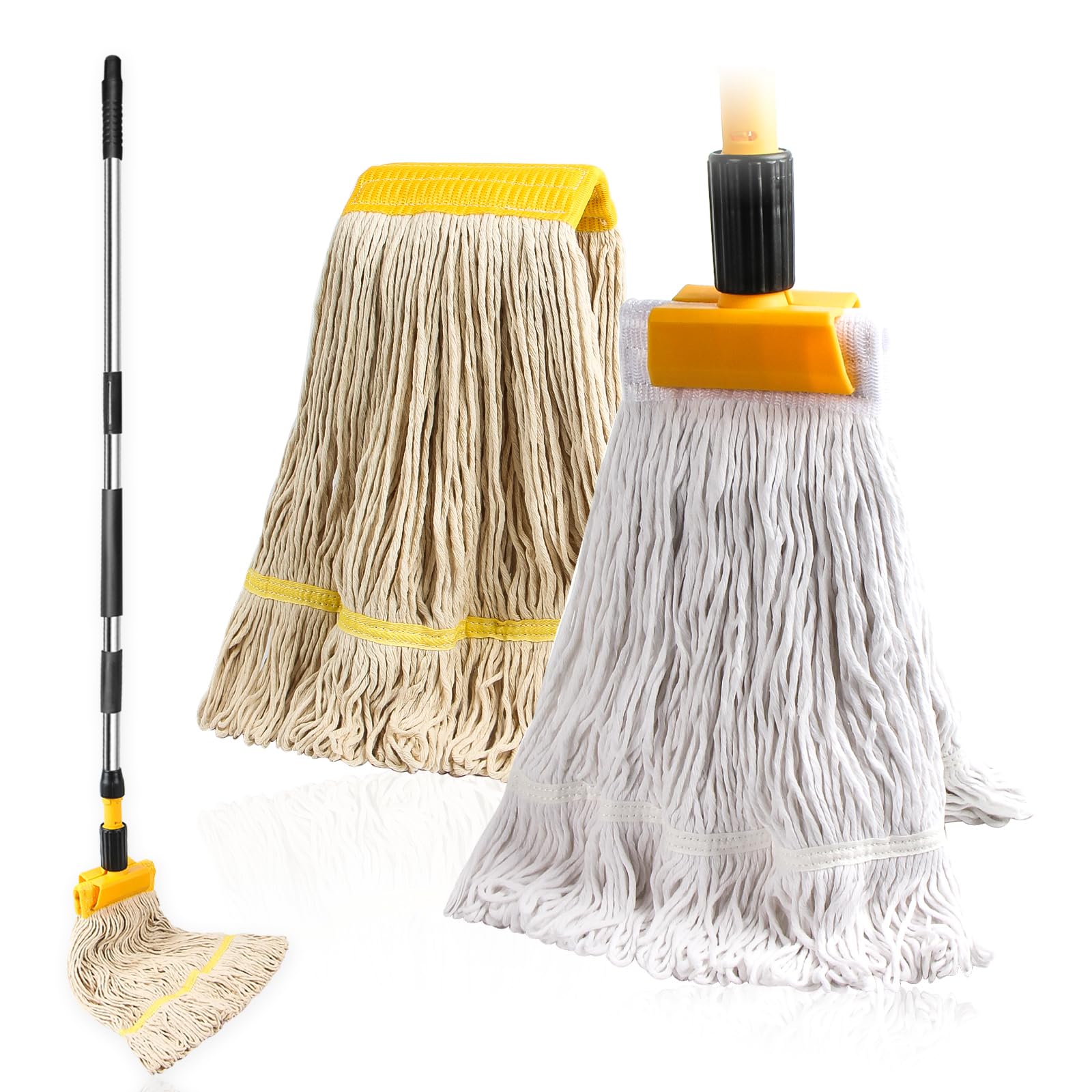 Commercial Mop Heavy Duty Industrial Mop with 2 Extra20oz Large Replacement Heads,60" Long Handle Heavy Duty Industrial Mops for Hardwood Wood Tile Vinyl - Reusable Cotton Head for Floor Cleaning