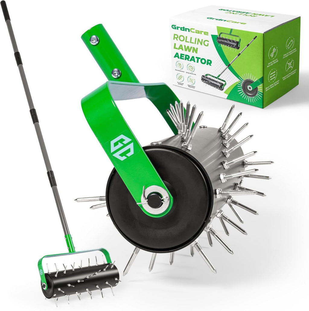 Manual Lawn Aerator Roller Tool, Heavy-Duty Rolling Lawn Aerator, 42 Pre-Attached Steel Spikes, 57 Inch Adjustable Height, Fillable Weighted Drum, 2 Inch Soil Penetrator for Lawn, Garden & Yard Care