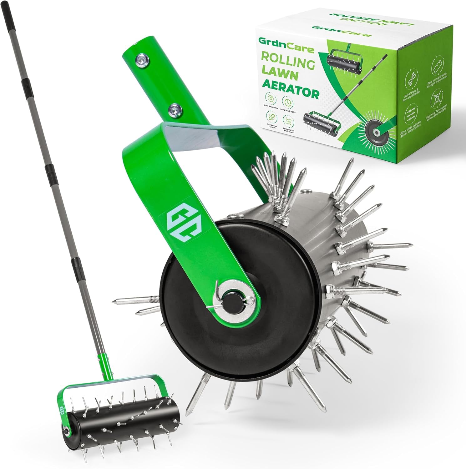 Manual Lawn Aerator Roller Tool, Heavy-Duty Rolling Lawn Aerator, 42 Pre-Attached Steel Spikes, 57 Inch Adjustable Height, Fillable Weighted Drum, 2 Inch Soil Penetrator for Lawn, Garden & Yard Care