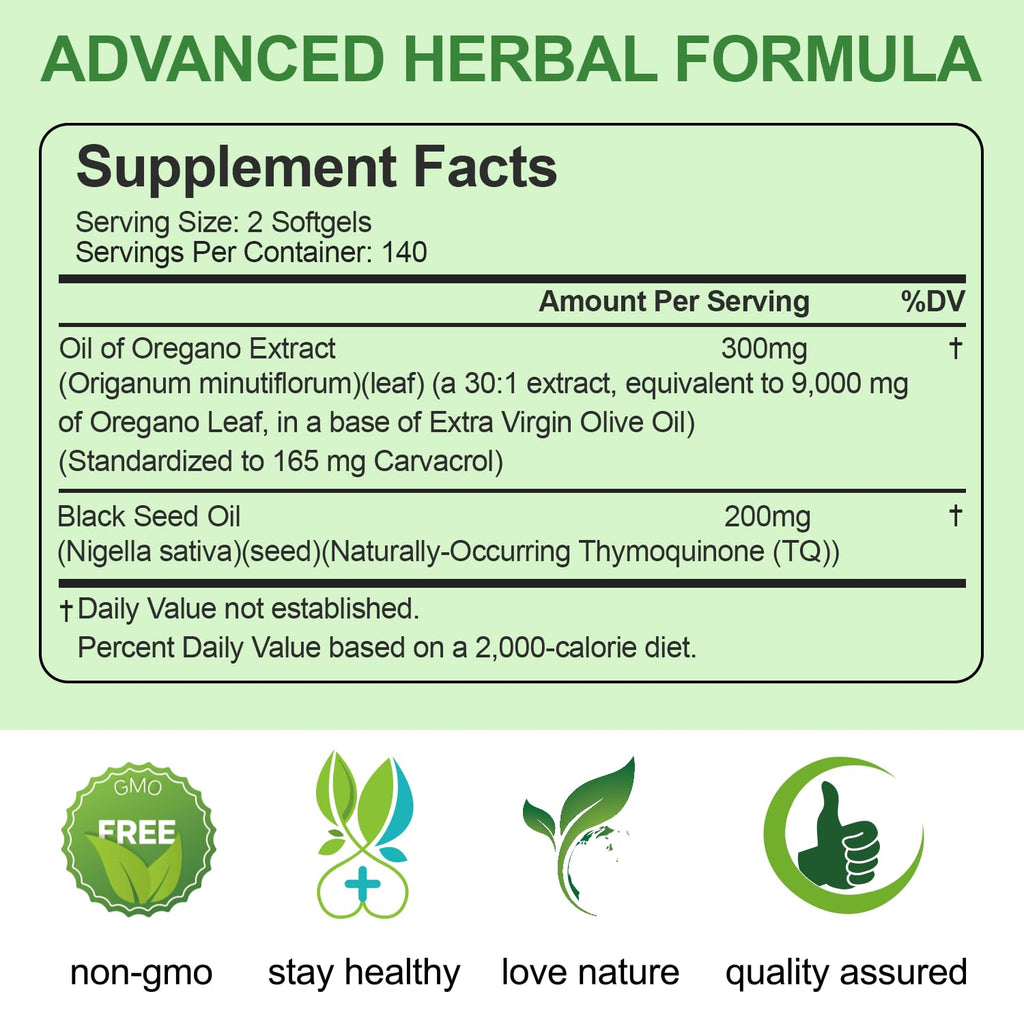 BEWORD Oil of Oregano with Black Seed Oil, 90/280/560/840 Softgels, 9000mg Per Serving – 2-in-1 Oregano Supplement for Immune Health with High Carvacrol & Thymoquinone | Plant-Based, Non-GMO