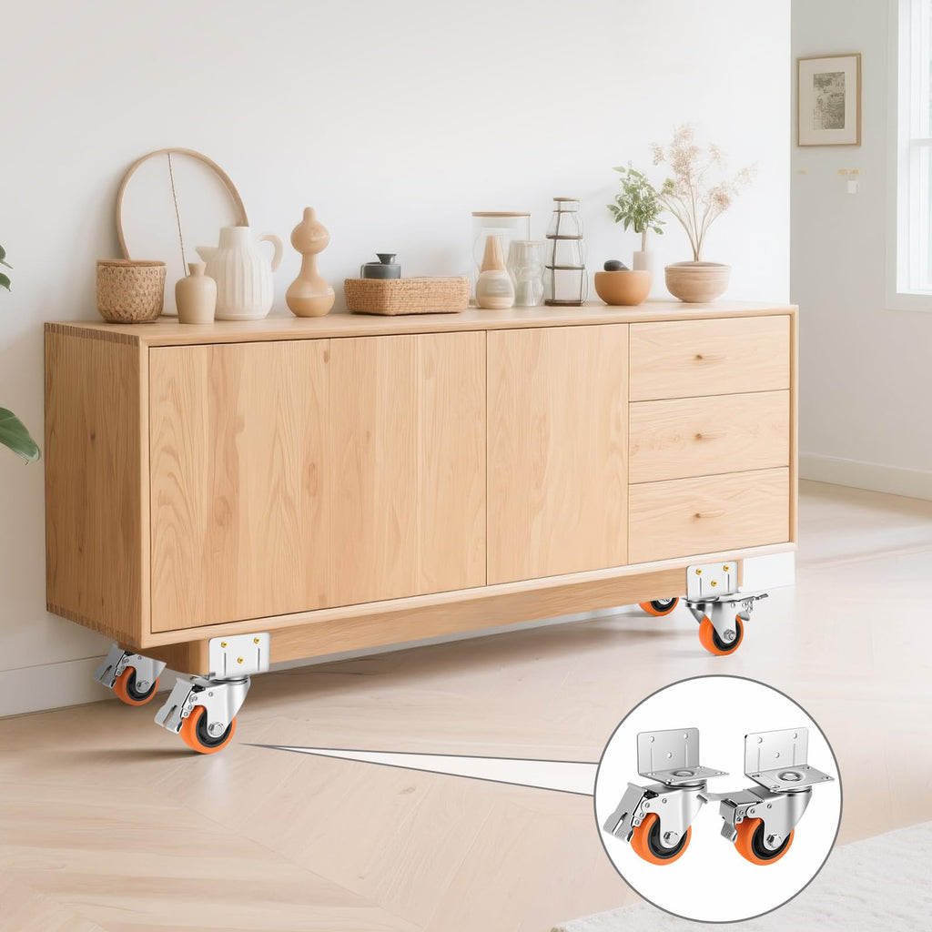 Caster Wheels,3 Inch L-Shaped Casters Set of 4 Heavy Duty,4-Pack Industrial Casters with Brake Polyurethane Wheels, Locking Caster Wheels for Furniture and Workbench