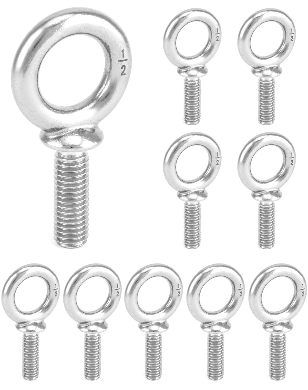 QWORK Machinery Eye Bolt, 10 Pack 1/2" -13 x 1-1/2" Marine Grade 304 Stainless Steel Shackle, Lifting Ring Threaded Eyebolt Shoulder Eyebolts
