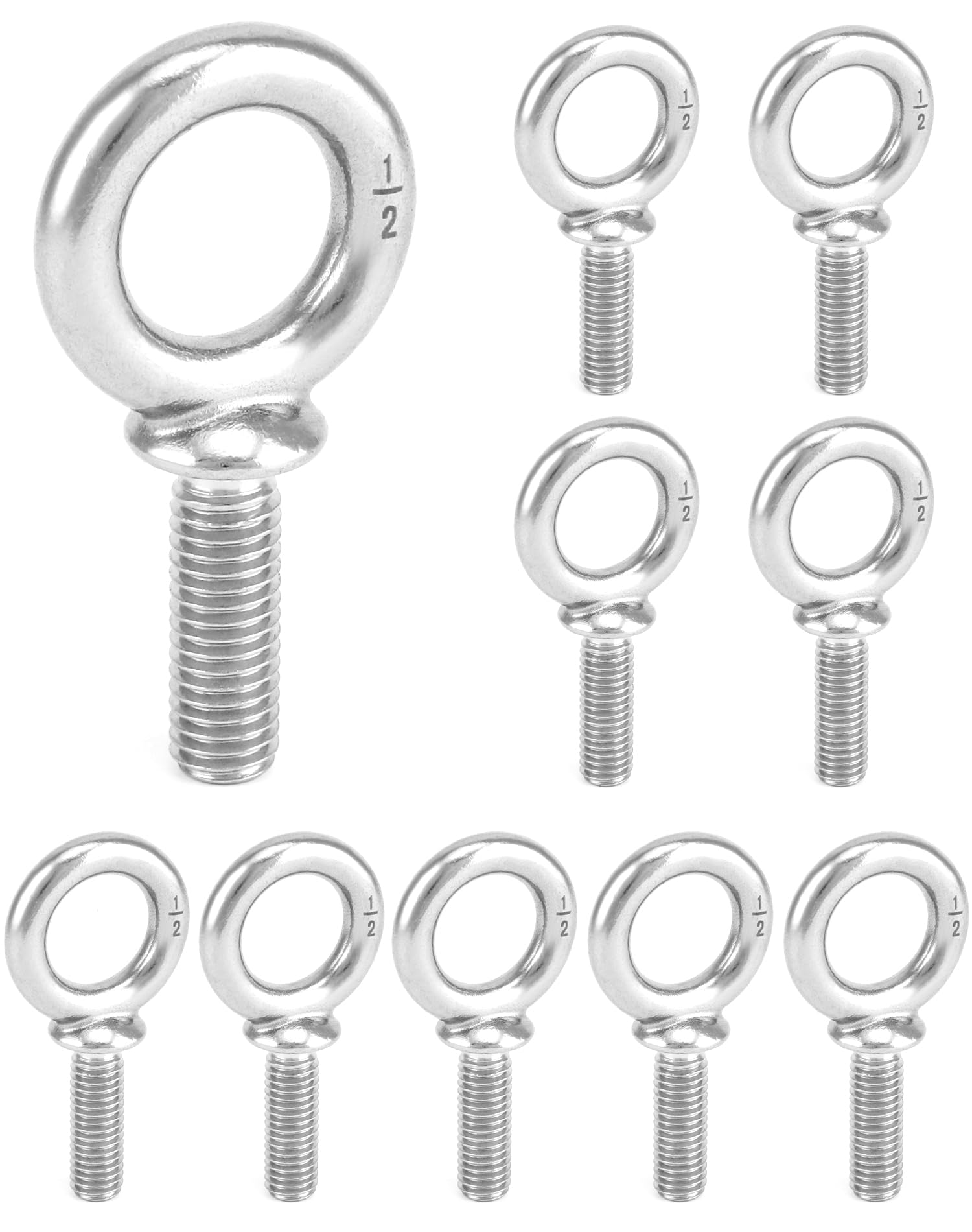 QWORK Machinery Eye Bolt, 10 Pack 1/2" -13 x 1-1/2" Marine Grade 304 Stainless Steel Shackle, Lifting Ring Threaded Eyebolt Shoulder Eyebolts