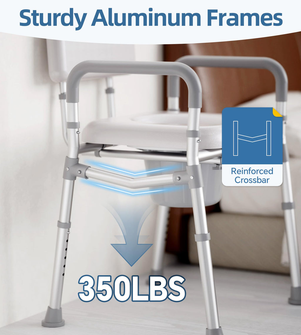HOMLAND Bedside Commode with Padded Seat and Backrest, Aluminum Commode Toilet with Bucket, Easy Cleaning Portable Toilet for Adults and Seniors, 350 lb Capacity Enhanced Crossbar