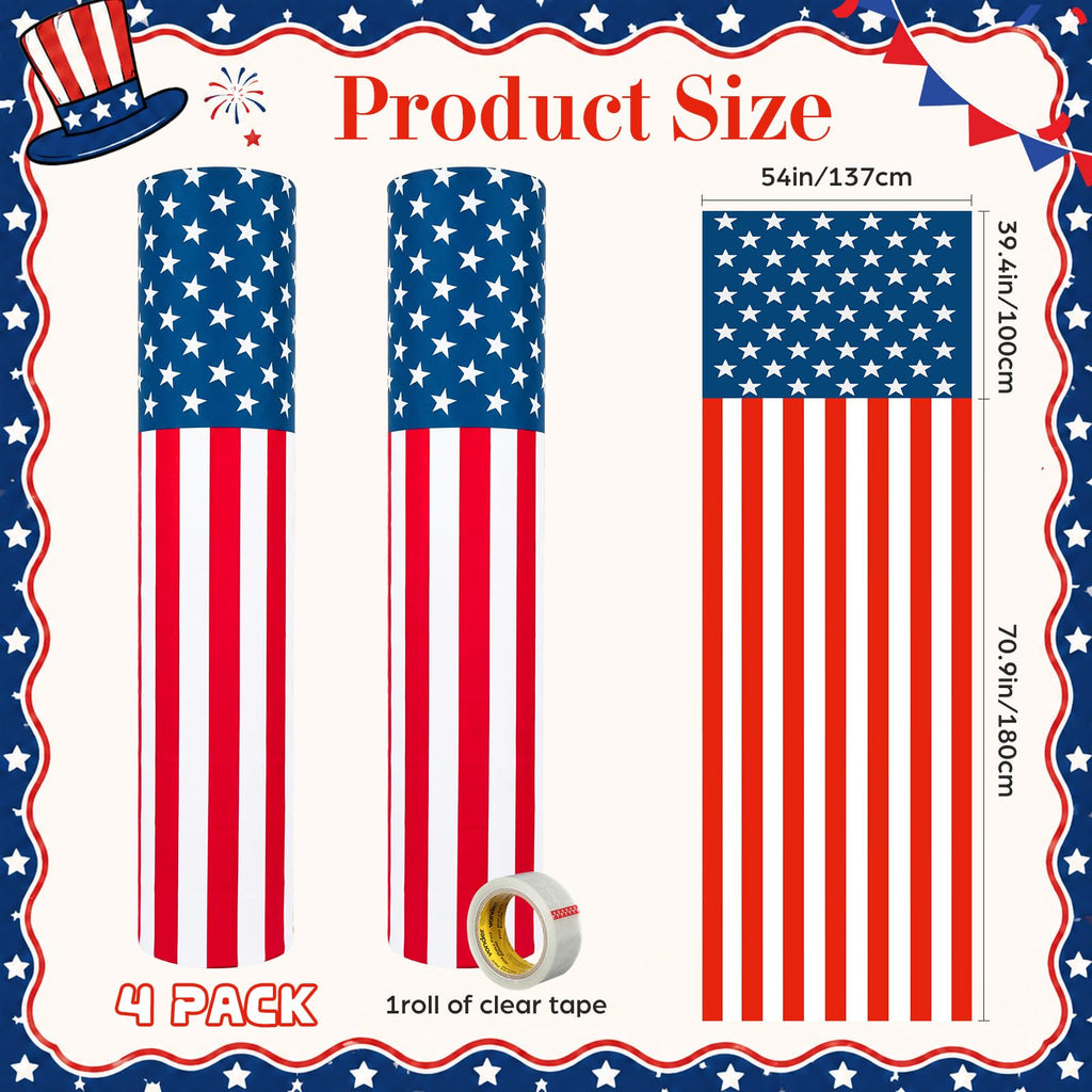 Frienda 4 Pack 4th of July American Flag Column Wraps 108 x 54 Inch Striped Porch Independence Day Column Wraps with 1 Roll Tape Disposable Pillar Wrap for Independence Day Party Outdoor Decor