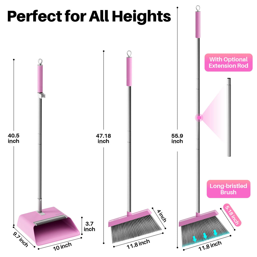 JOYMOOP Pink Broom and Dustpan Set with 56” Handle, Upright Angle with Built-in Comb Teeth for Hardwood Floors and Pet Hair