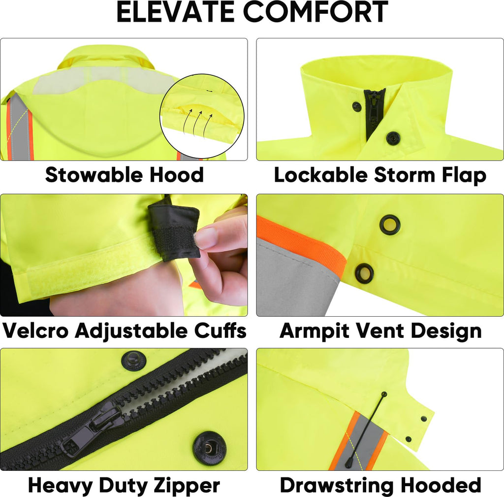 TICONN Reflective Rain Coat, Waterproof Hi Vis Safety Rain Jacket, Heavy Duty ANSI Class 3 High Visibility Trench Coat (XL)
