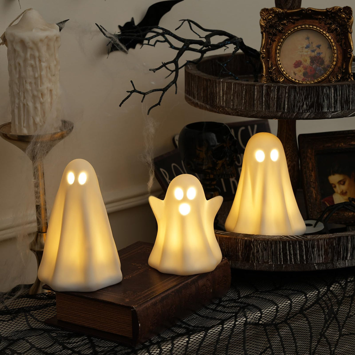 Light Up Ghost Halloween Decor,Ceramic Halloween Ghost Decorations Indoor