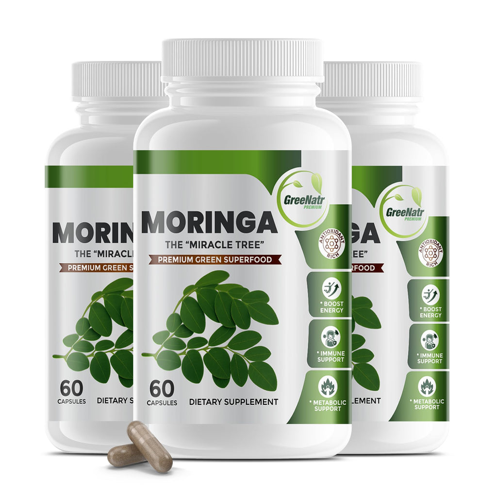 GreeNatr Pure Moringa Oleifera Leaf Extract Veggie Capsules 1000 mg. Natural Herbal Supplement. Energy, Mood, Memory and Focus Support. Premium Green Superfood (3 Bottles)