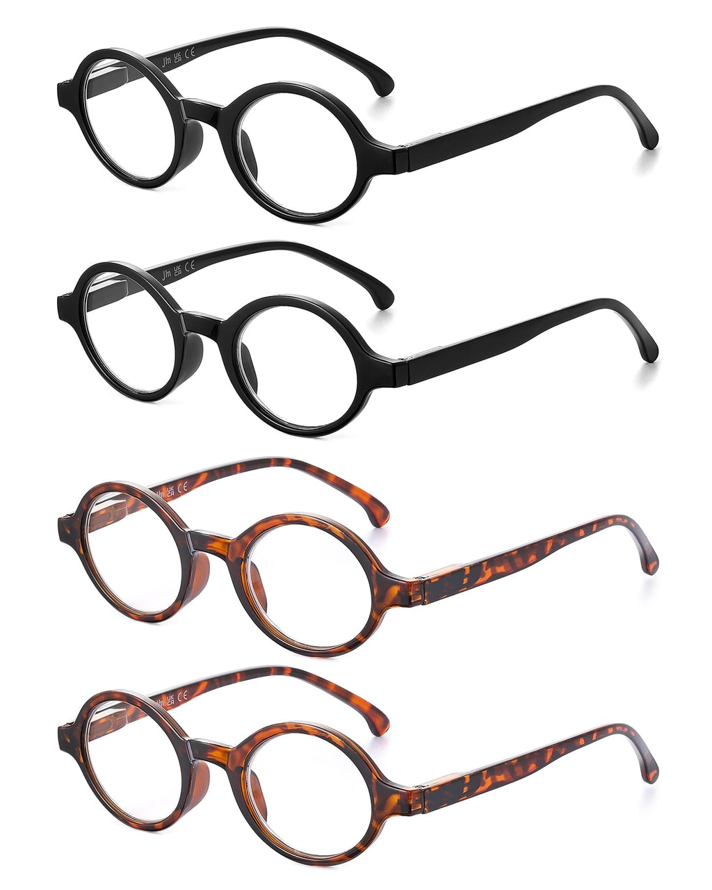 JM Set of 4 Retro Round Reading Glasses Spring Hinge Readers Men Women Glasses for Reading +2.0 Black & Tortoise