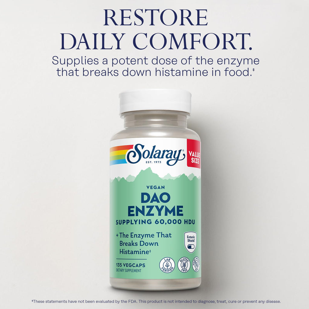 SOLARAY DAO Enzyme - Digestive Enzyme that Breaks Down Histamine - 60,000 HDU - Digestive Enzymes - Vegan, Gluten Free, Lab Verified - 135 Servings, 135 VegCaps