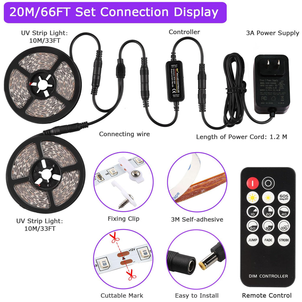 PIZHLO 66 Foot Black Light Strips & Remote, Dimmable Flexible Blackights Strip Lights 1200 LEDs for Glow Party Body Paint Birthday Bedroom Room Fluorescent Tapestry Poster, Non-Waterproof