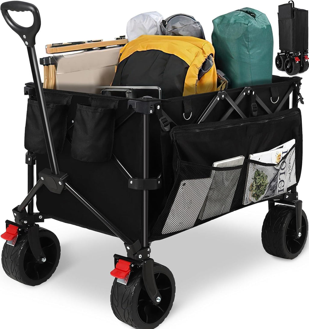 HAUSPROFI Collapsible Wagon Cart, 400 lbs Capacity, 7 cu ft (200L) Large Storage, Heavy Duty Foldable Utility Wagon with Pockets, Beach Wagon with Big Wheels for Sand, Garden, Camping & Grocery