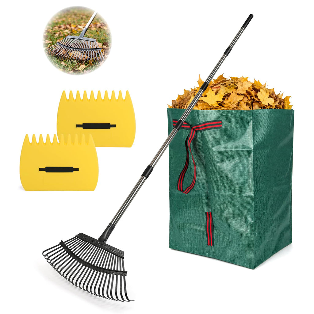 Rake for Leaves - 25 Tines Heavy Duty Metal Rake Set with Leaf Scoops & 53 Gallon Bag, Adjustable 67.5" Garden Rake, 3-in-1 Tool for Yard Pine Needle Grass Cleanup