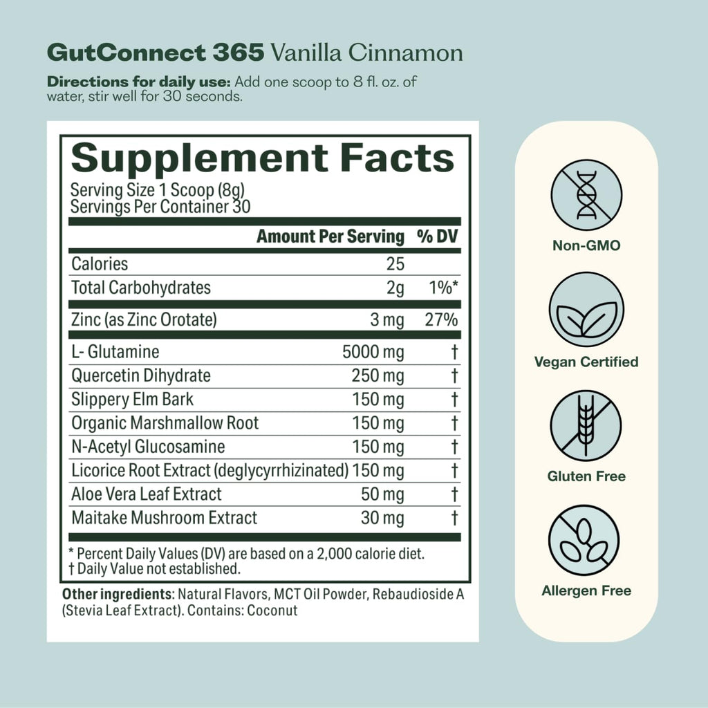 GutConnect 365 Gut Health Superfood Powder | Formulated With Slippery Elm Bark & L Glutamine | Vegan Certified | Allergen Free | Non-GMO | Soy Free | Made in the USA | 30 Servings – Vanilla Cinnamon