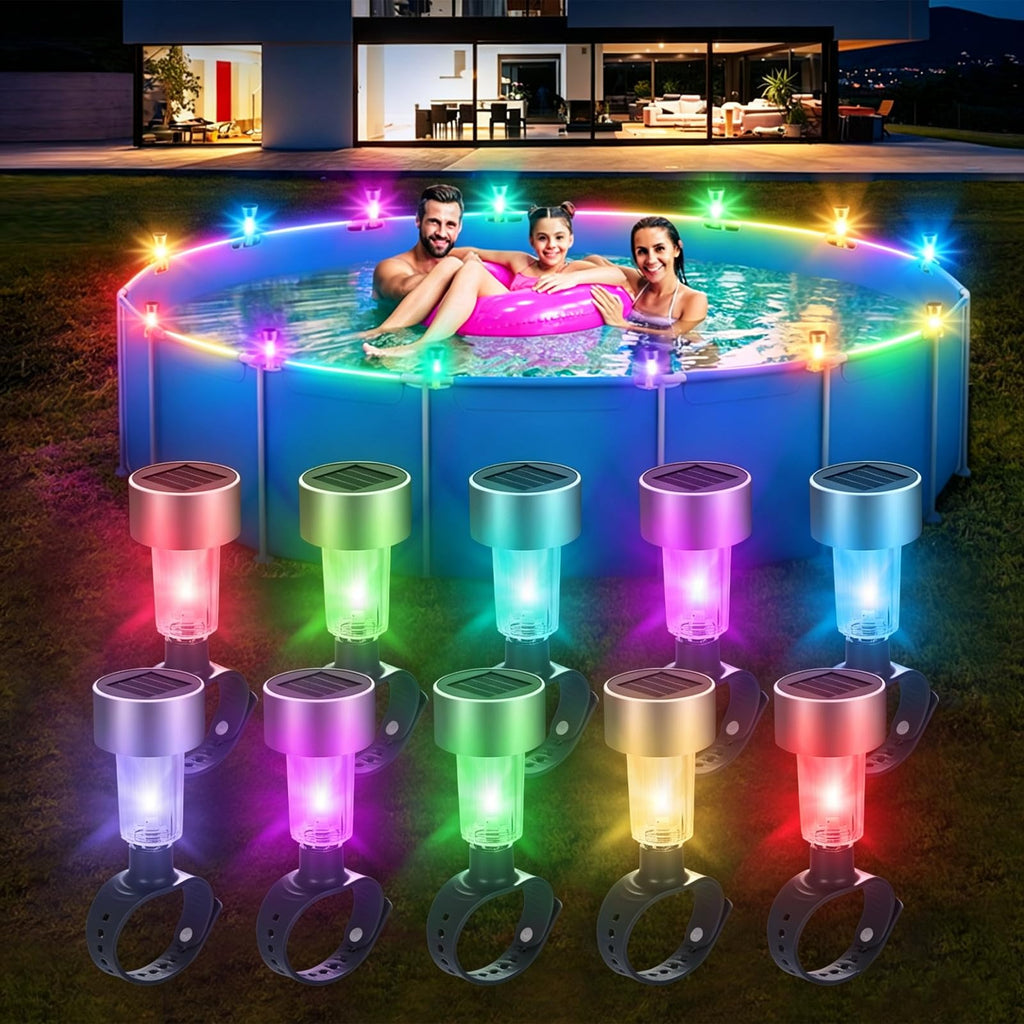 LILITUAN Solar Pool Lights for Above Ground Pools, 10 Pack Waterproof Above Ground Pool Lights, Dusk to Dawn Auto On/Off Decorative Night Lights for Frame Pool, Outdoor Railings (Colour Light)