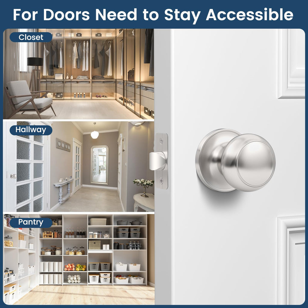 Vesmikit 5 Pack Brushed Nickel Door Knob, Round Interior Door Knobs for Hallway Closet, Non-Locking Passage Door Knobs, Keyless Door Handles for Left/Right Handle Doors