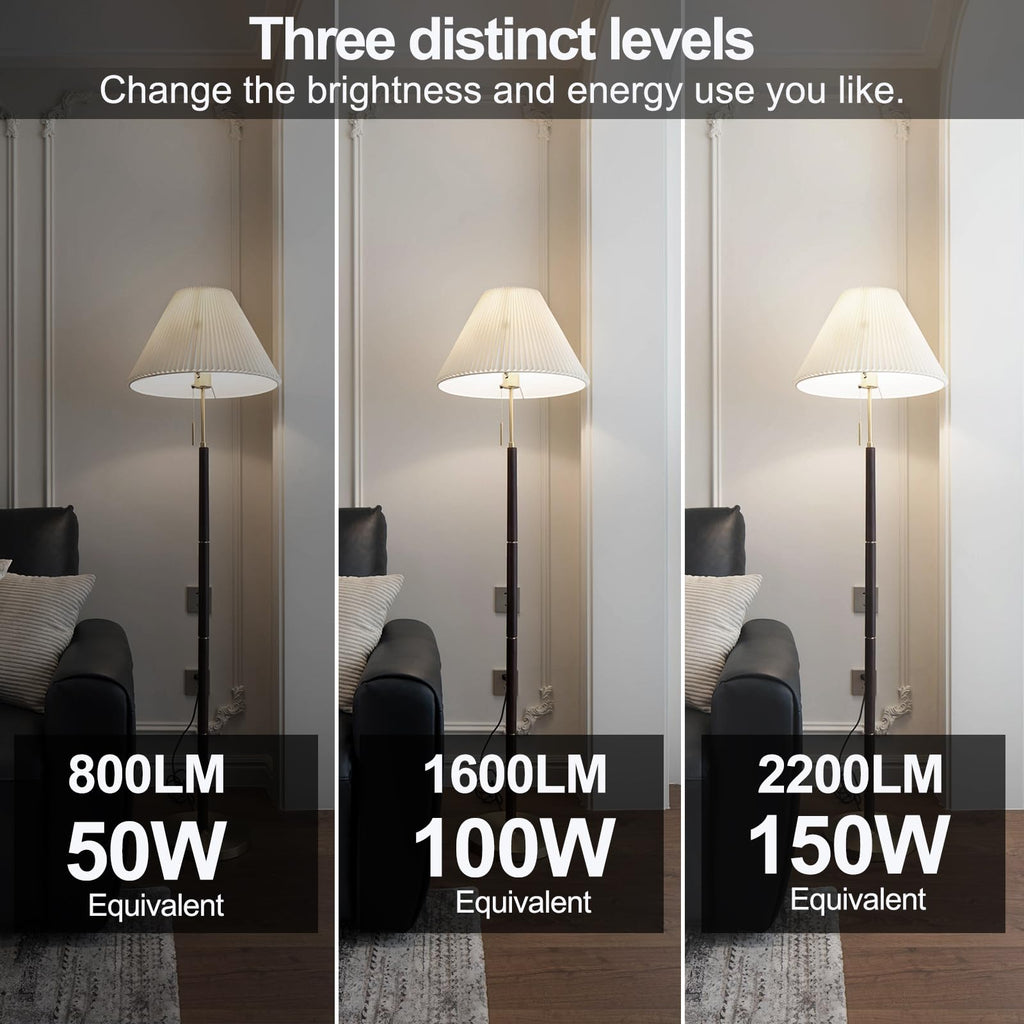 Super Bright 50/100/150W 3-Way A21 LED Light Bulb, 800/1600/2200 Lumens, 4000K Cool White, Non-dimmable, E26 Base, UL Listed, 2-Pack
