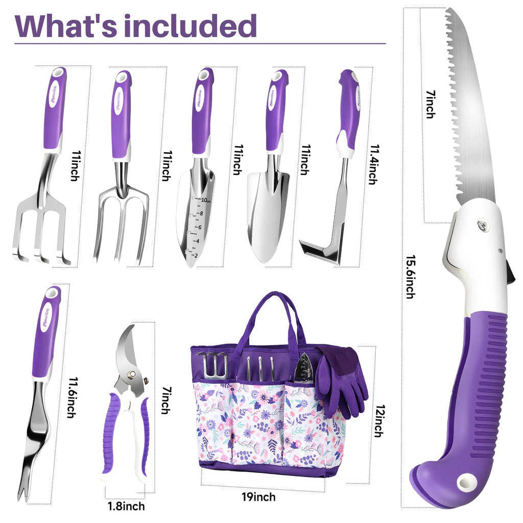 MelonArt Garden Tool Set, 10 Pcs Heavy Duty Gardening Tool Kit Women Garden Gift Set Aluminum with Non Slip Ergonomic Handle, Storage Tote Bag and Gloves, Garden Supplier for Women&Men(Purple)