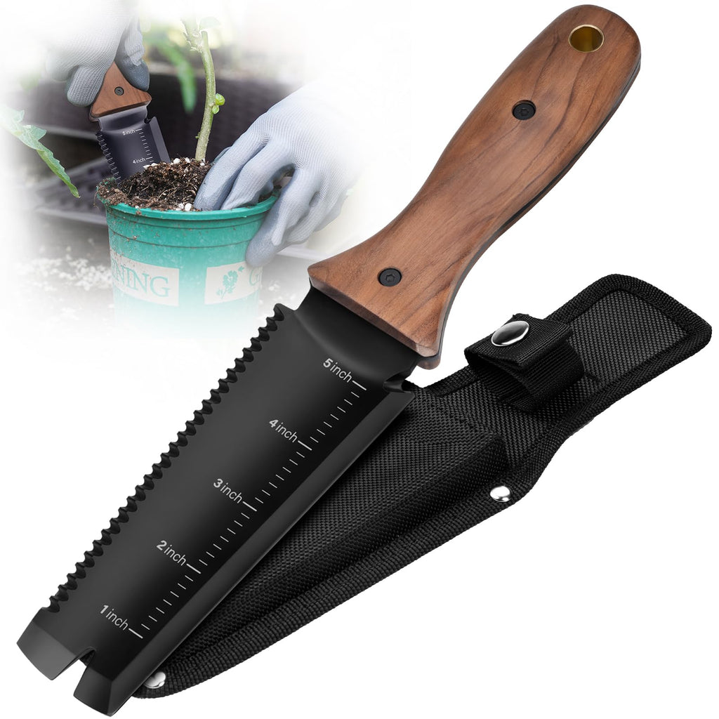 PERWIN Hori Hori Garden Knife, Garden Tools with Sheath, 6" Stainless Steel Blade with Cutting Edge, Full-Tang Walnut Ergonomic Wood Handle with Hanging Hole, Weeding, Planting, Digging