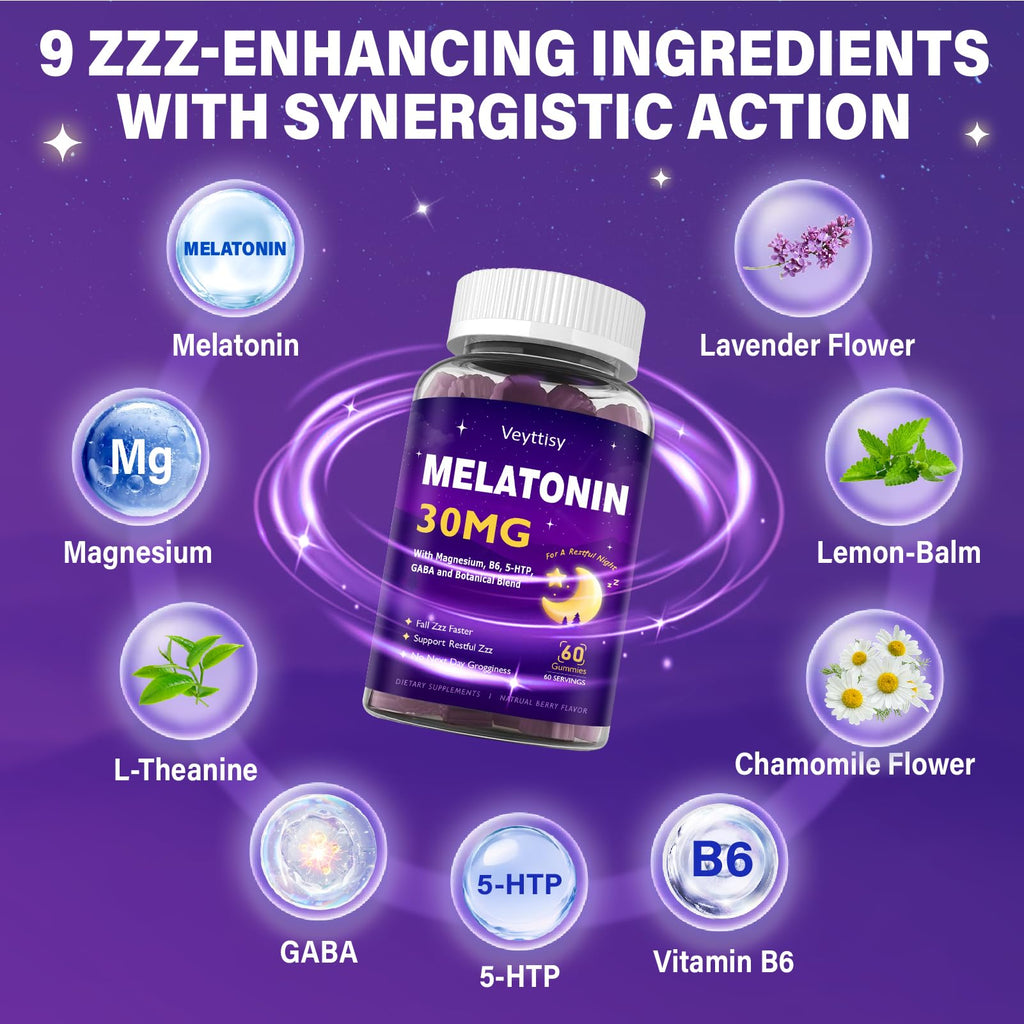 Veyttisy Melatonin 30mg Gummies for Adults - Sugar Free Melatonin Gummies Maximum Strength with Magnesium, B6, GABA & Botanical Blend - Non-Habit Forming,Vegan, Non GMO, Natural Mixed Berry Flavor