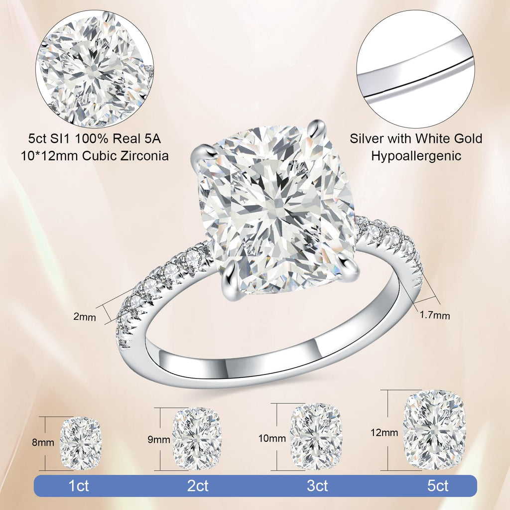 AVECON 5CT Elongated Cushion Cut Engagement Ring for Women, Travel Gift, 6