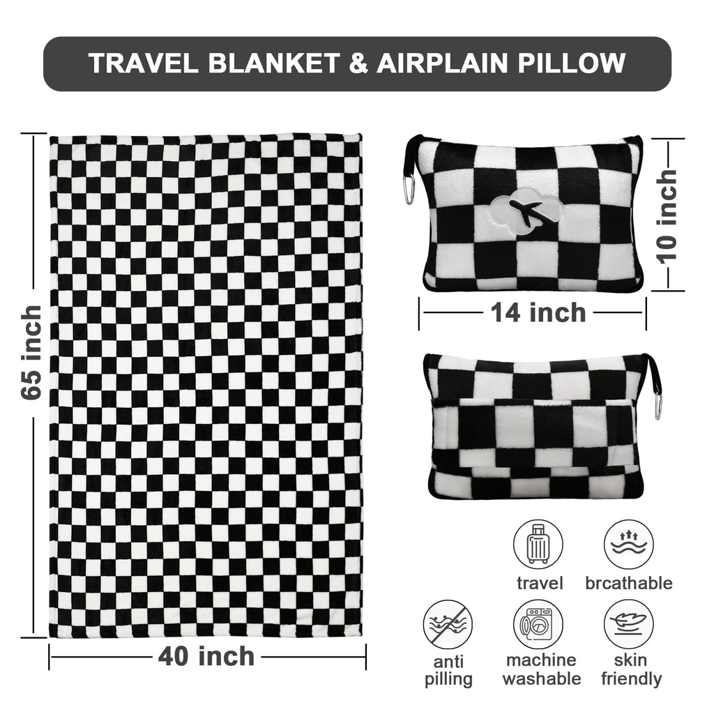 Travel Blanket and Pillow Compact, Premium Soft 2 in 1 Airplane Blanket with Soft Bag Pillowcase，Hand Luggage Sleeve and Backpack Clip (Checkered Black)