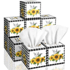 Fourluoo 12 Pack Summer Sunflower Facial Tissues Cube Boxes 600 Sheets 3 Ply Small Black and White Plaid Sunflower Face Tissues Bulk for Summer Car Bedroom Supplies