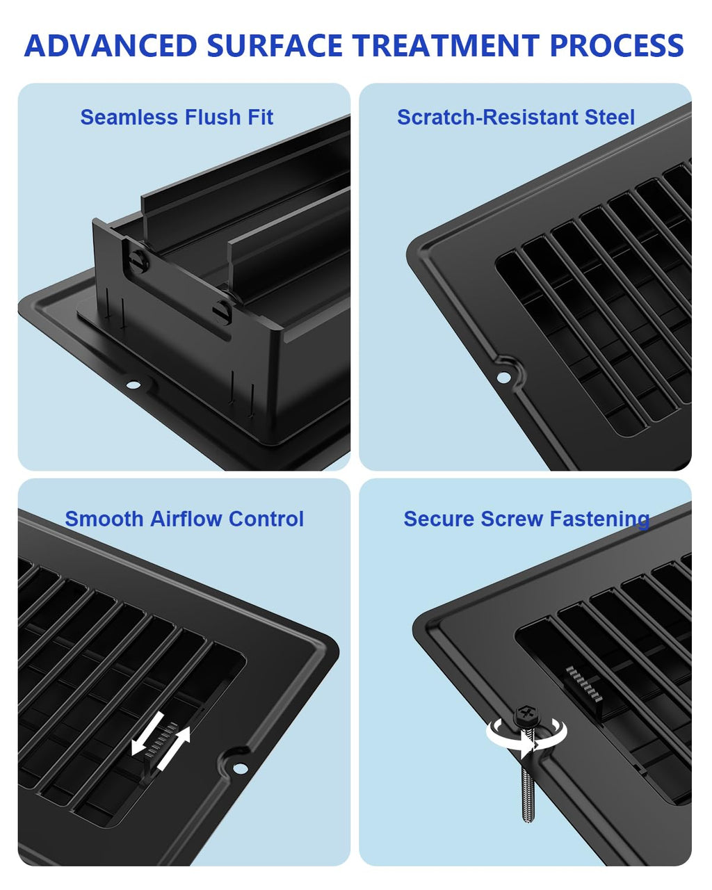 4x10 Floor Regsiter Vent Covers for Home Floor Wall Ceiling - Black with Screws for Easy Installation - Heavy Duty Steel Walkable Finish for Quiet Adjustable Air Vent Cover 4‘’ x 10‘’- 5 Pack