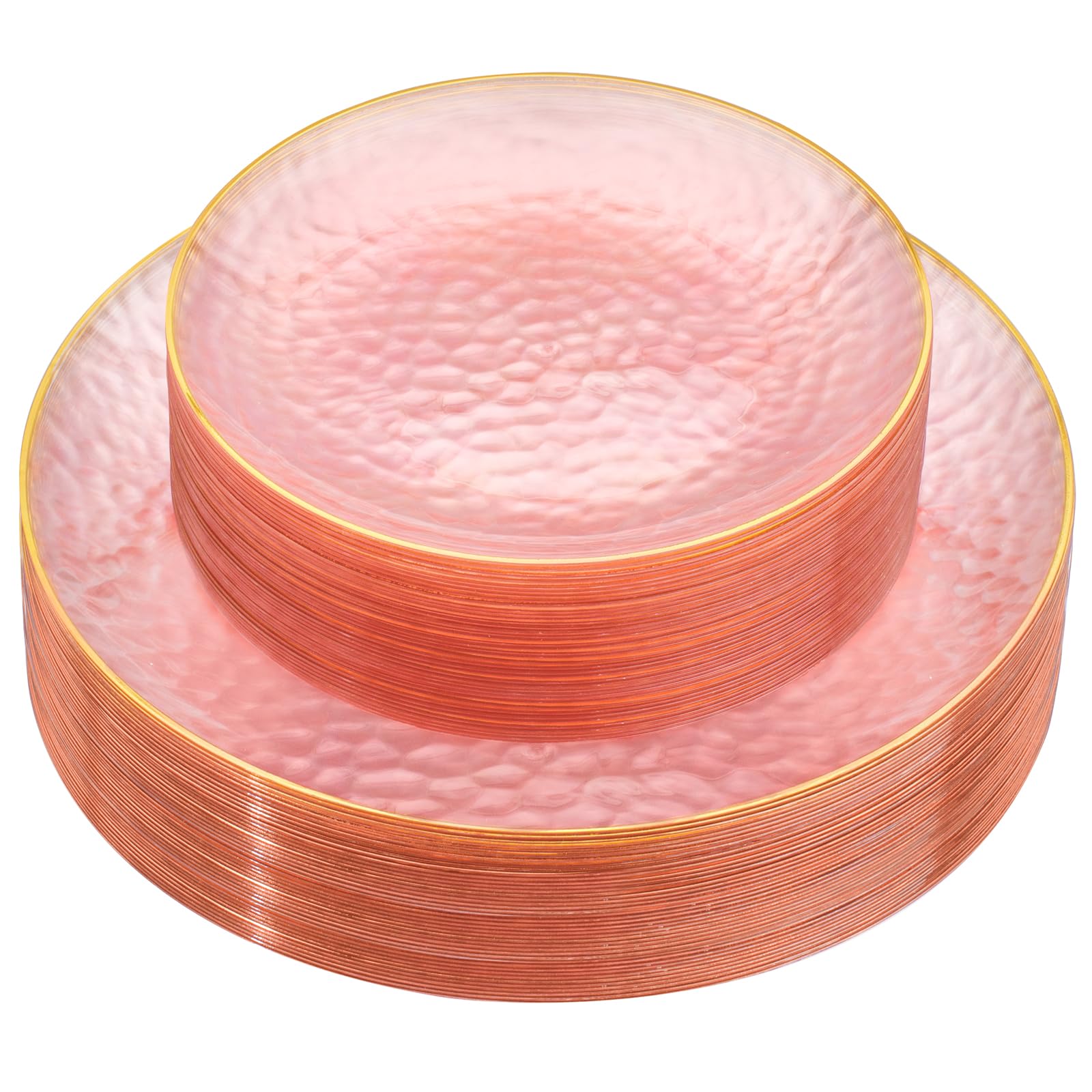 Rubtlamp 60Pcs Pink Plastic Plates,Clear Pink Plates With Gold Rim,Hammered Gold Plates Include 30Pink Plastic Dessert Platos, 30Gold Dinner Platos For Party