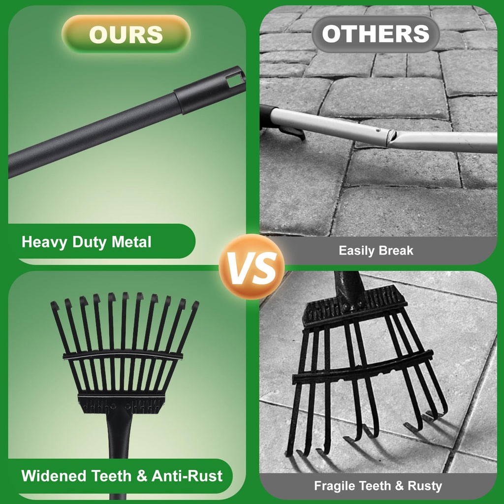Rake for Leaves Small Metal Garden Tool with 11 Tines 63 Inch Adjustable Handle Sturdy Yard Rake for Gardening Gathering Leaves Weeds Debris, Black