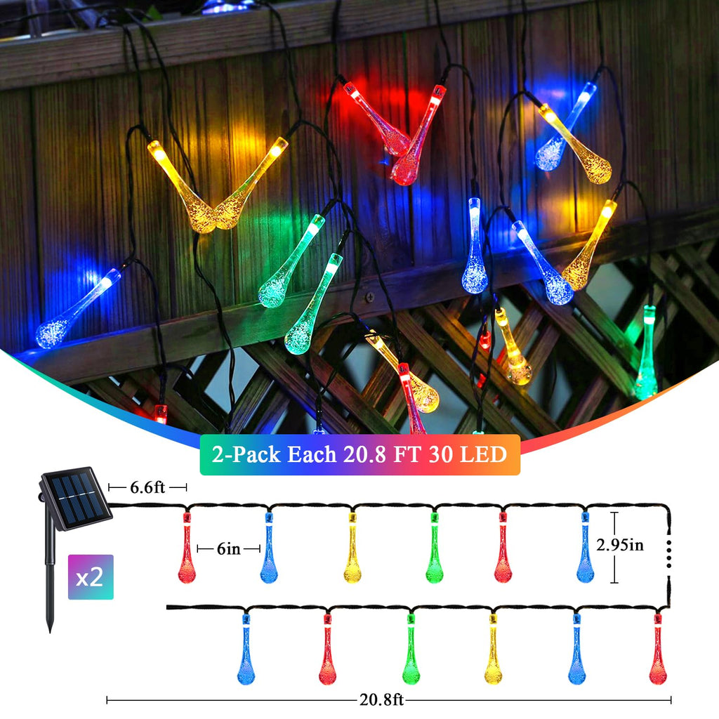 JMEXSUSS 2 Pack Solar String Lights Outdoor, Total 60LED 41.6FT, Water Drop