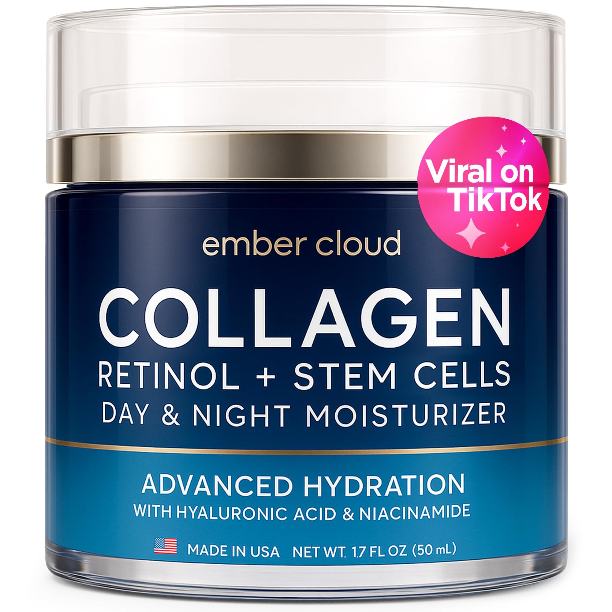 Collagen Face Cream with Stem Cells Retinol Hyaluronic Acid Niacinamide for All Skin Types - Anti-Aging Face Moisturizer with Airless Pump - Day & Night Cream for Wrinkles - Made in USA 1.7 Oz
