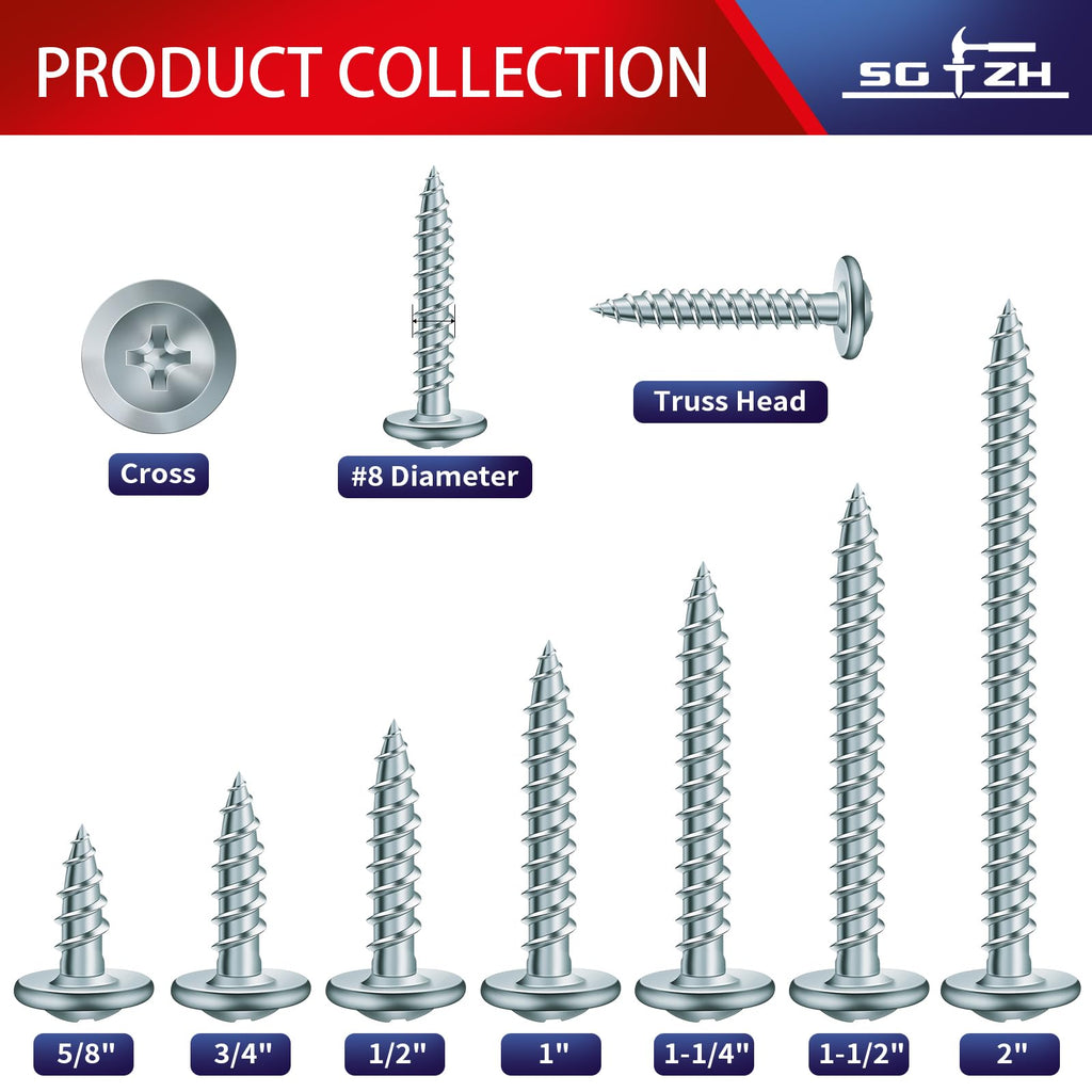 #8 x 2 Inch Wood Screw 500Pcs Alloy Steel Standard Thread Truss Head Fast Self Tapping by SG TZH