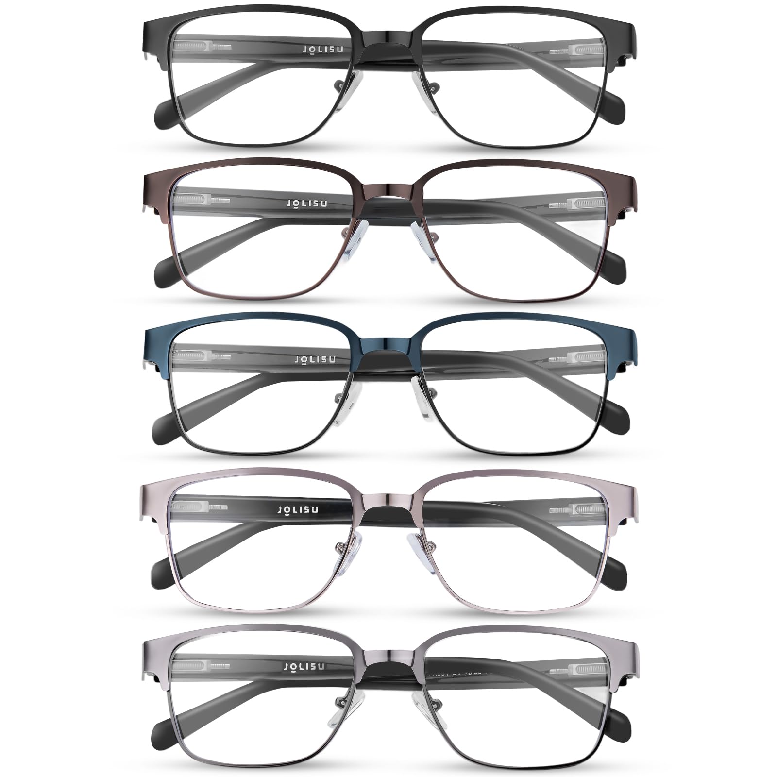 JOLISU 5PCS Reading Glasses Men - Blue Light Blocking Metal Frame for Mens/Women - Durable Readers Fit Read（2.00）