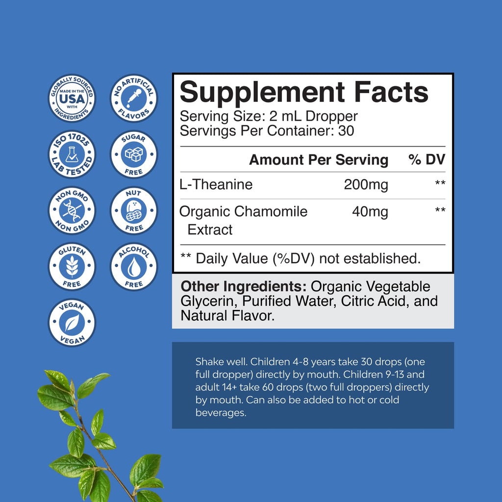 High Absorption L-Theanine Liquid Drops - Nootropic Focus Supplement with L Theanine 200mg Per Serving and Chamomile Extract Supplement for Adults and Kids Relaxation and Focus - 2 Fl Oz