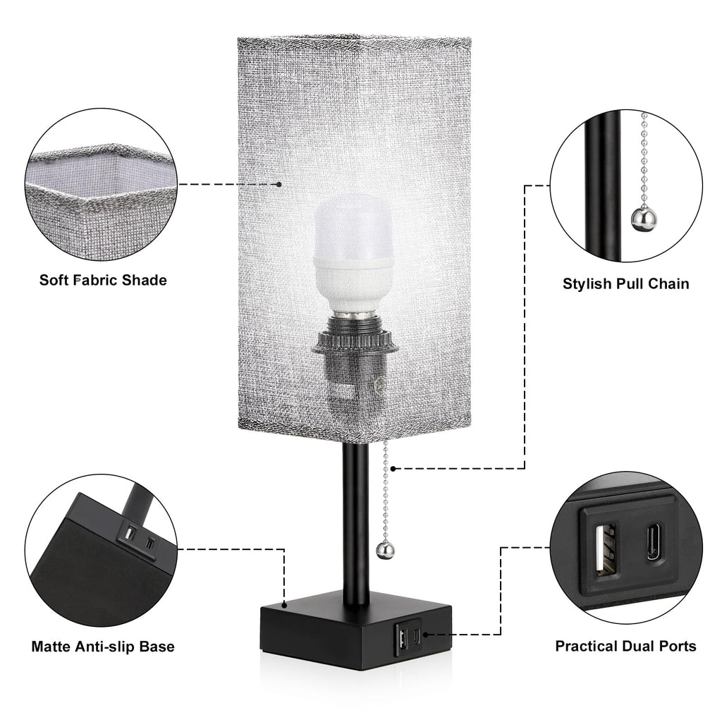 aooshine Bedside Table Lamps Set of 2 - Gray Bedroom Lamps with 3 Color Temperatures (3000K/5000K/4000K), Square Nightstand Light with USB C + A Charging Ports, Pull Chain Small Night Light