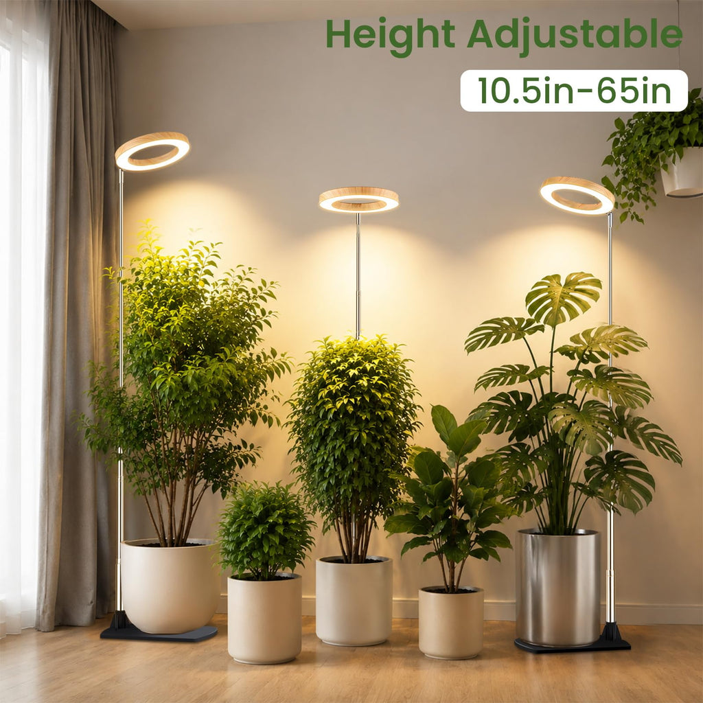 LBW Grow Lights for Indoor Plants, 6.3" Full Spectrum Plant Light with Base, 65" Height Adjustable Grow Lamp, 6/8/12/16H Auto Timer, 3 Colors, 5 Dimmable Levels, for Tall Large Plants, Bamboo Grain