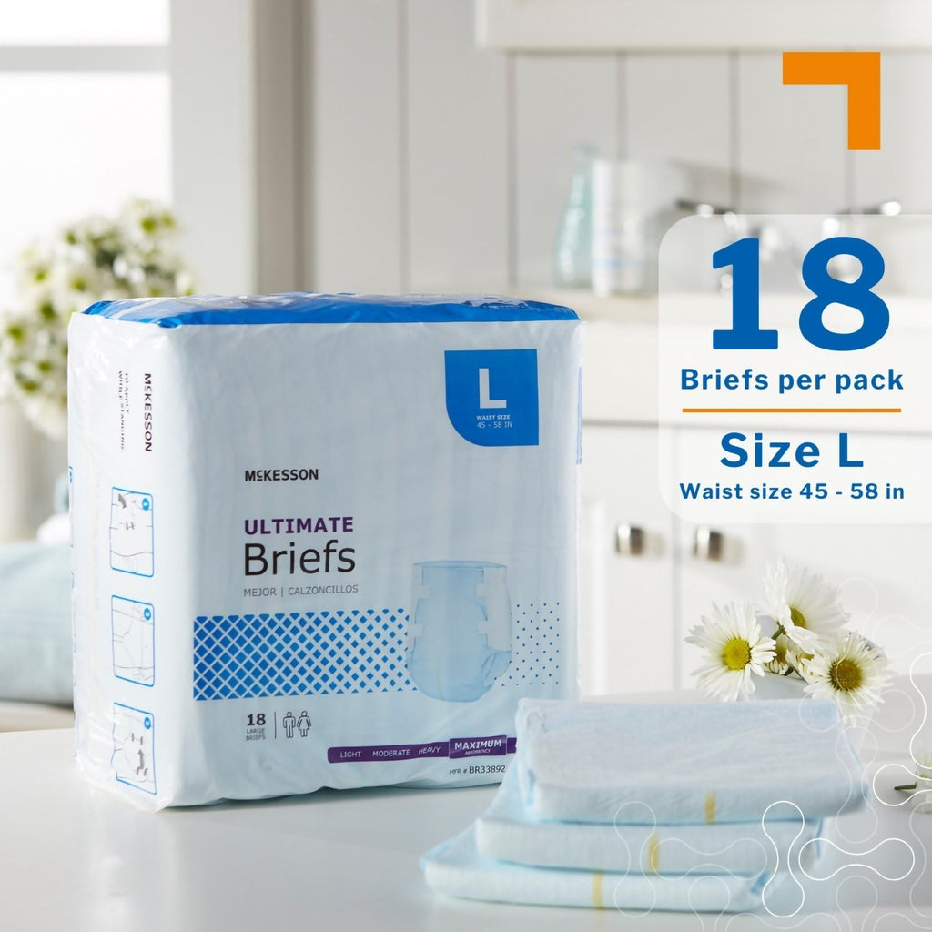 McKesson Ultimate Briefs, [72 Count], Size L, 45-58 in. Incontinence Adult Diapers with Tabs, Maximum Absorbency, Unisex, Disposable, Elastic Leg Gathers and Contoured Fit for Men and Women
