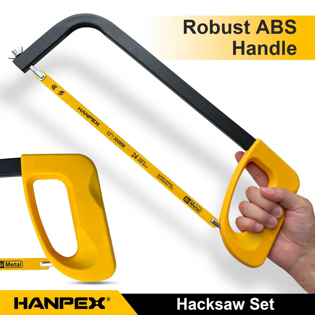 Hanpex 12in. High-Tension Hacksaw Frame with 5pcs Extra Bi-metal Blades, Hand Saw Suitable for Metal, wood, PVC, Carpentry