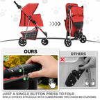 MoNiBloom 3 Wheels Pet Stroller, Foldable Puppy Cage Jogger Stroller with Weather Cover for All-Season, Storage Basket and Cup Holder, Breathable and Visible Mesh for Small/Medium Pets, Red