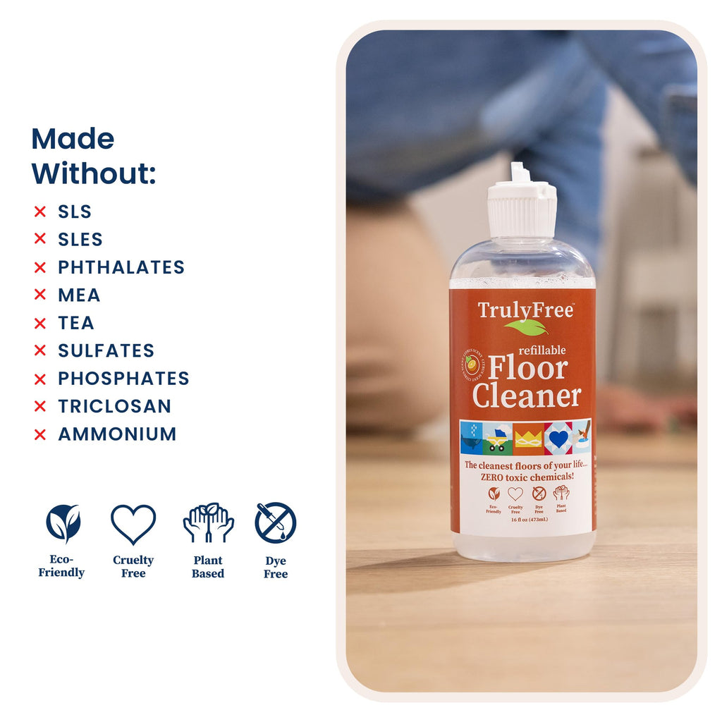 Truly Free Floor Cleaner Kit - Plant-Based Mopping Solution (16oz Reusable Empty Bottle + Two Pouches, 3oz ea.) - DIY All-Surface Cleaner for Hardwood, Tile, Wood & Concrete