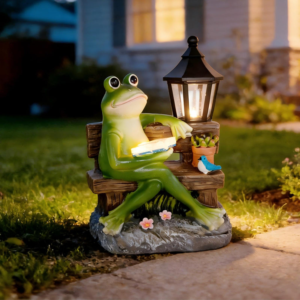 SAMPU Craft Reading Frog Solar Garden Statue with Lantern Light