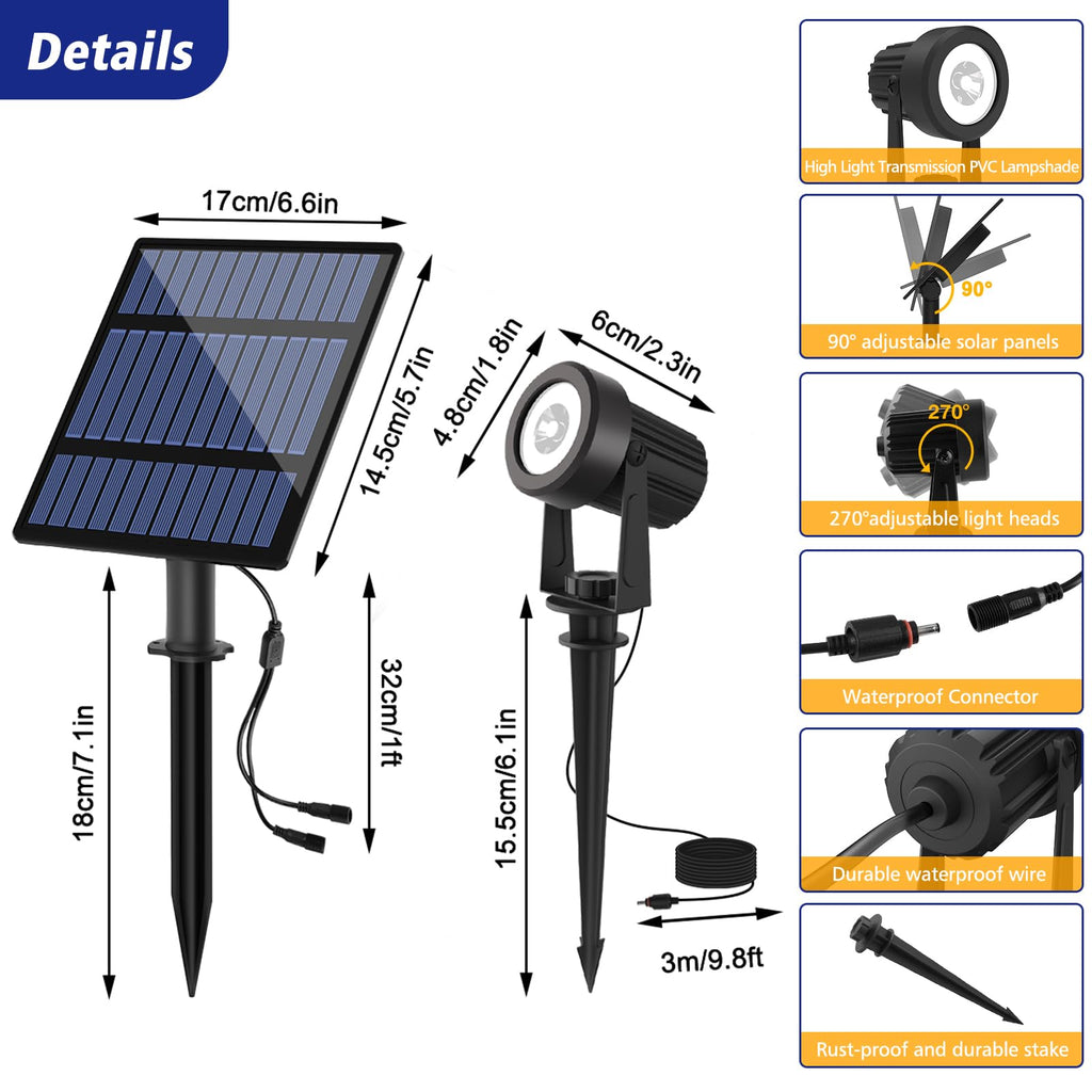 T-SUNUS Solar Spot Lights Christmas 6-in-1 Outdoor Warm White 3000K Landscape Spotlight IP65 Waterproof Separated Panel Spotlights with 9.8ft Cable Auto On/Off for Tree Lawn Driveway Pathway Halloween