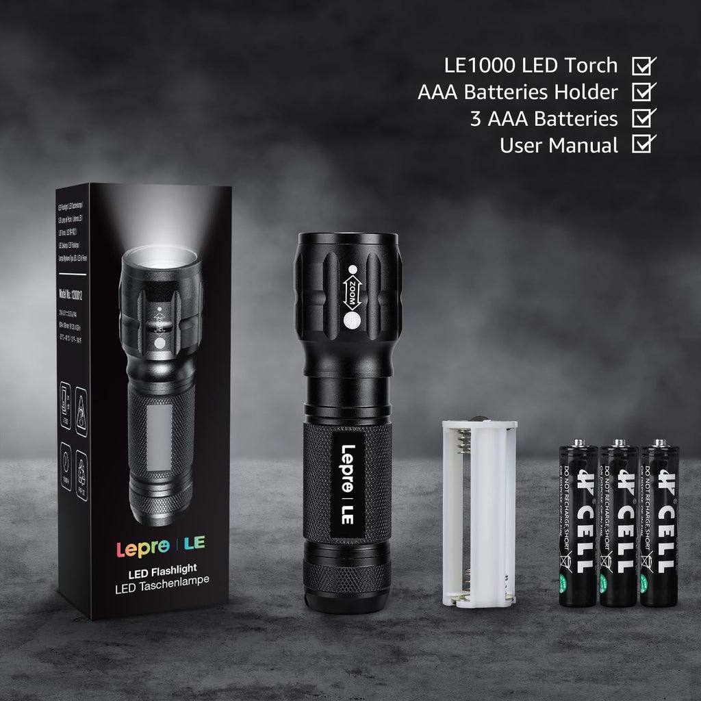 Lighting EVER LED Flashlights High Lumens, Small Flashlight, Waterproof, Adjustable Focus Flash Light for Outdoor, Emergency, Camping, AAA Batteries Included, 2 Pack