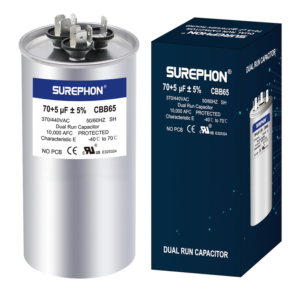 SUREPHON 70+5 uF 70/5 MFD ±5% 370V/440VAC Dual Run Start Capacitor CBB65 Works for AC Unit Fan Motor Start or Heat Pump or Condenser Straight Cool