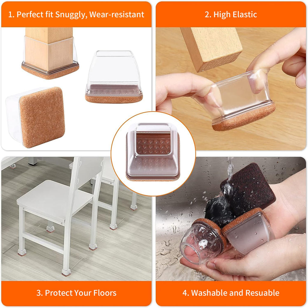 Ezprotekt 24 Pcs Clear Square Chair Leg Floor Protectors with Felt, Silicone Felt Furniture Pads for Hardwood Floor, Dining Table Leg Caps Covers No Scratches and Noise (L Fit: 1.1" - 1.34")