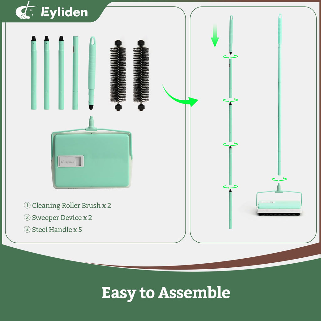 Eyliden X-Large Carpet Sweeper - Quiet Manual Sweeper for Carpets & Rugs | 1 Extra Refill Roller Brush | Non-Electric, Hand Push, Quietly Cleans Debris and Messes, Restaurant Roller Broom, Mint