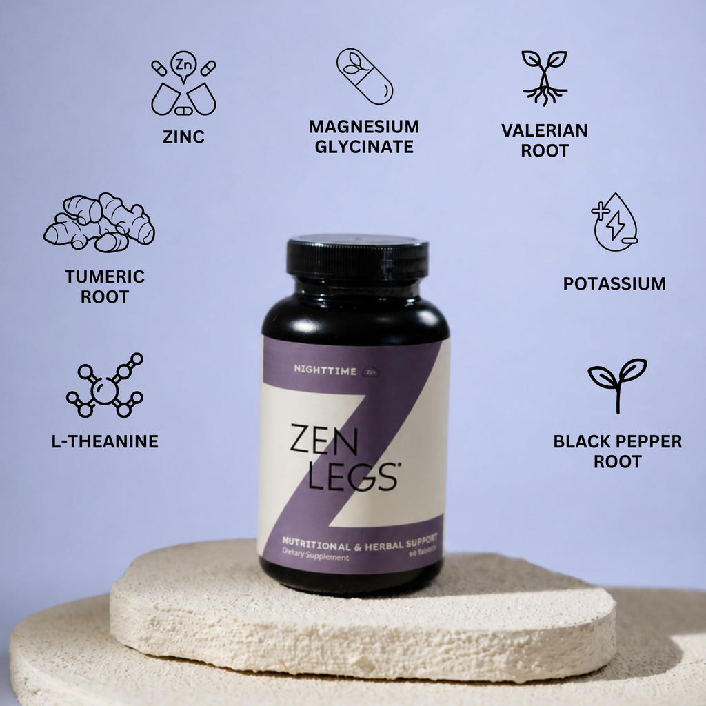 Zen Legs - Restless Limbs Support - Magnesium Glycinate, Turmeric, Valerian Root, Potassium, Black Pepper Root, L-Theanine, Vitamin D, Iron, B6, Zinc - Nighttime Muscle & Nerve Comfort - 90 Tablets