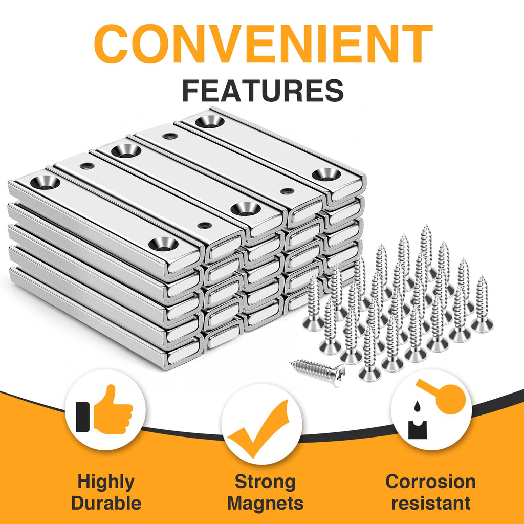 TRYMAG Strong Bar Magnets with Hole, 80 Lbs Heavy Duty Neodymium Rectangular Pot Magnet with Screws for Wall Mounting, 25 Pack Rare Earth Magnets Strips for Garage, Workshop - 60x13.5x5mm